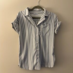 Columbia Women's Gray and White Striped Button-Down Shirt